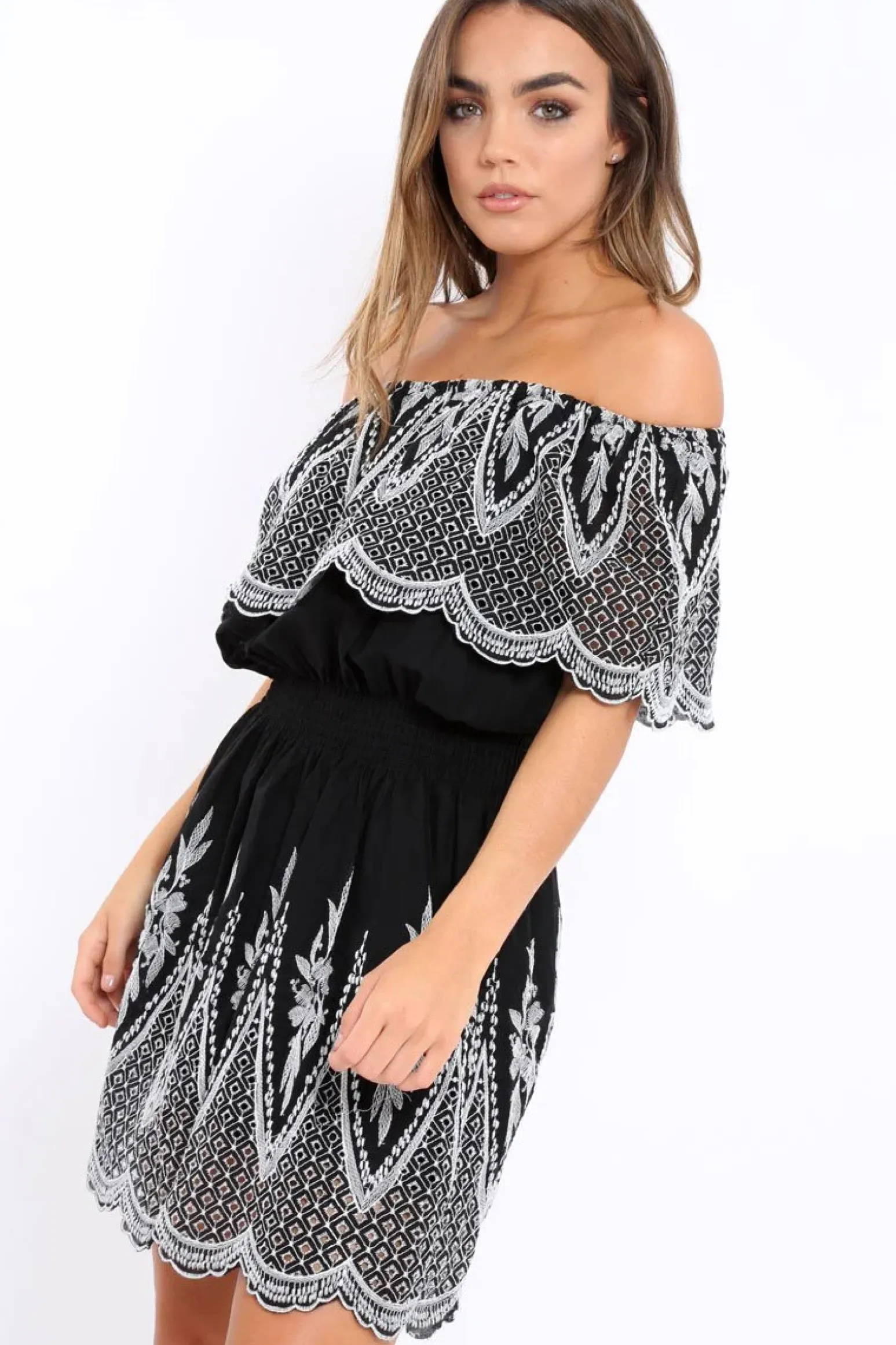Rebellious Fashion Black Embroidered Bardot Dress - Lottie