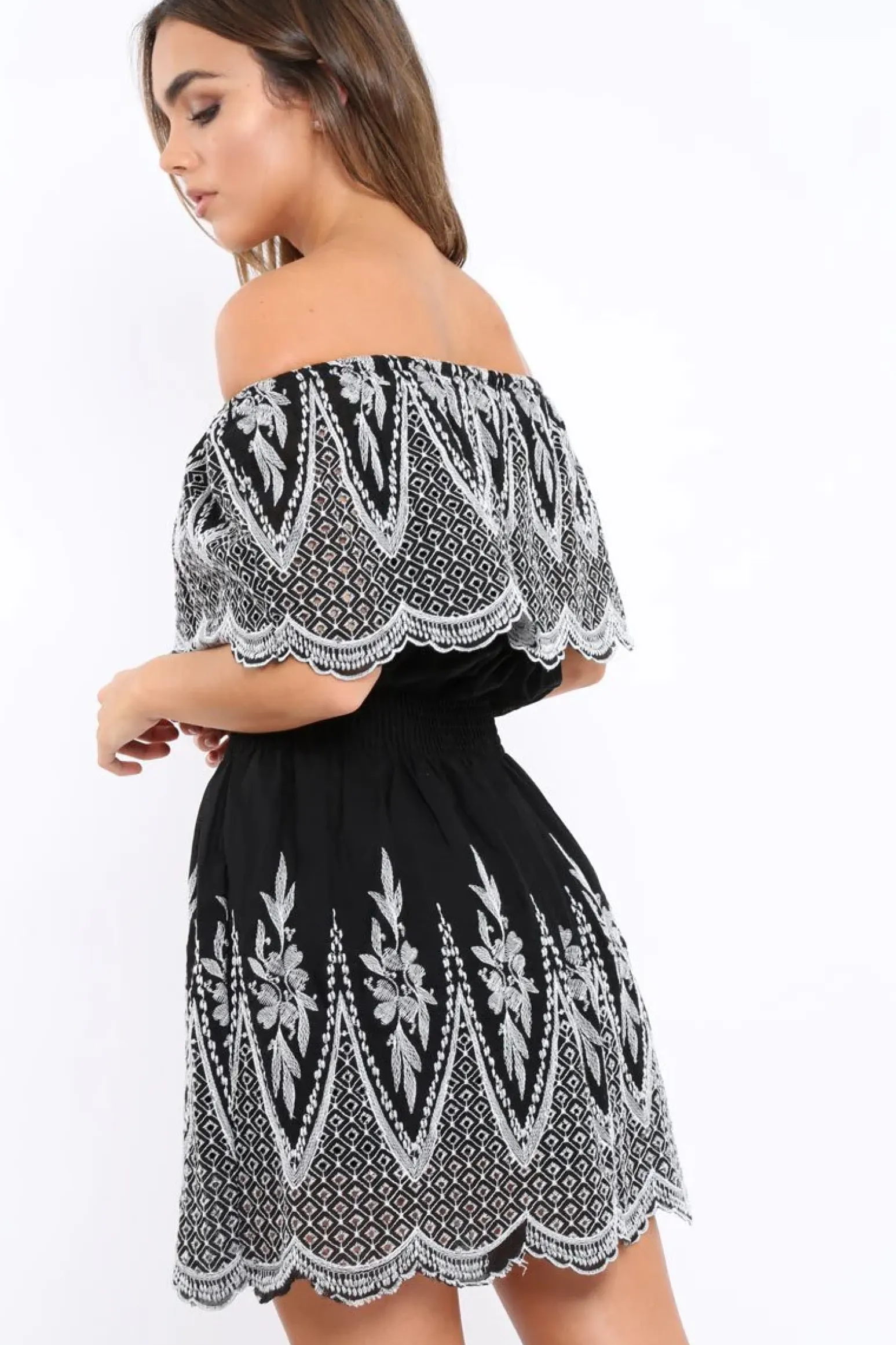 Rebellious Fashion Black Embroidered Bardot Dress - Lottie