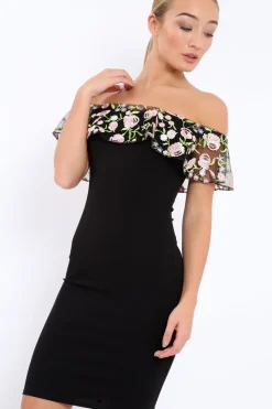 Rebellious Fashion Black Embroidered Bardot Bodycon Dress - Jaxie