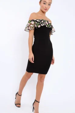 Rebellious Fashion Black Embroidered Bardot Bodycon Dress - Jaxie