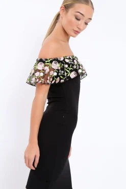 Rebellious Fashion Black Embroidered Bardot Bodycon Dress - Jaxie