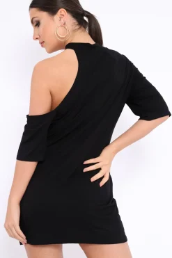 Rebellious Fashion Black Extreme One Shoulder Cut Out T-shirt Dress - Henlie