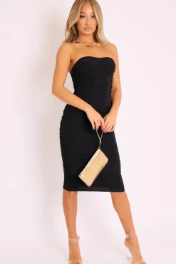 Rebellious Fashion Black Extreme Ruched Slinky Midi Dress - Kaja