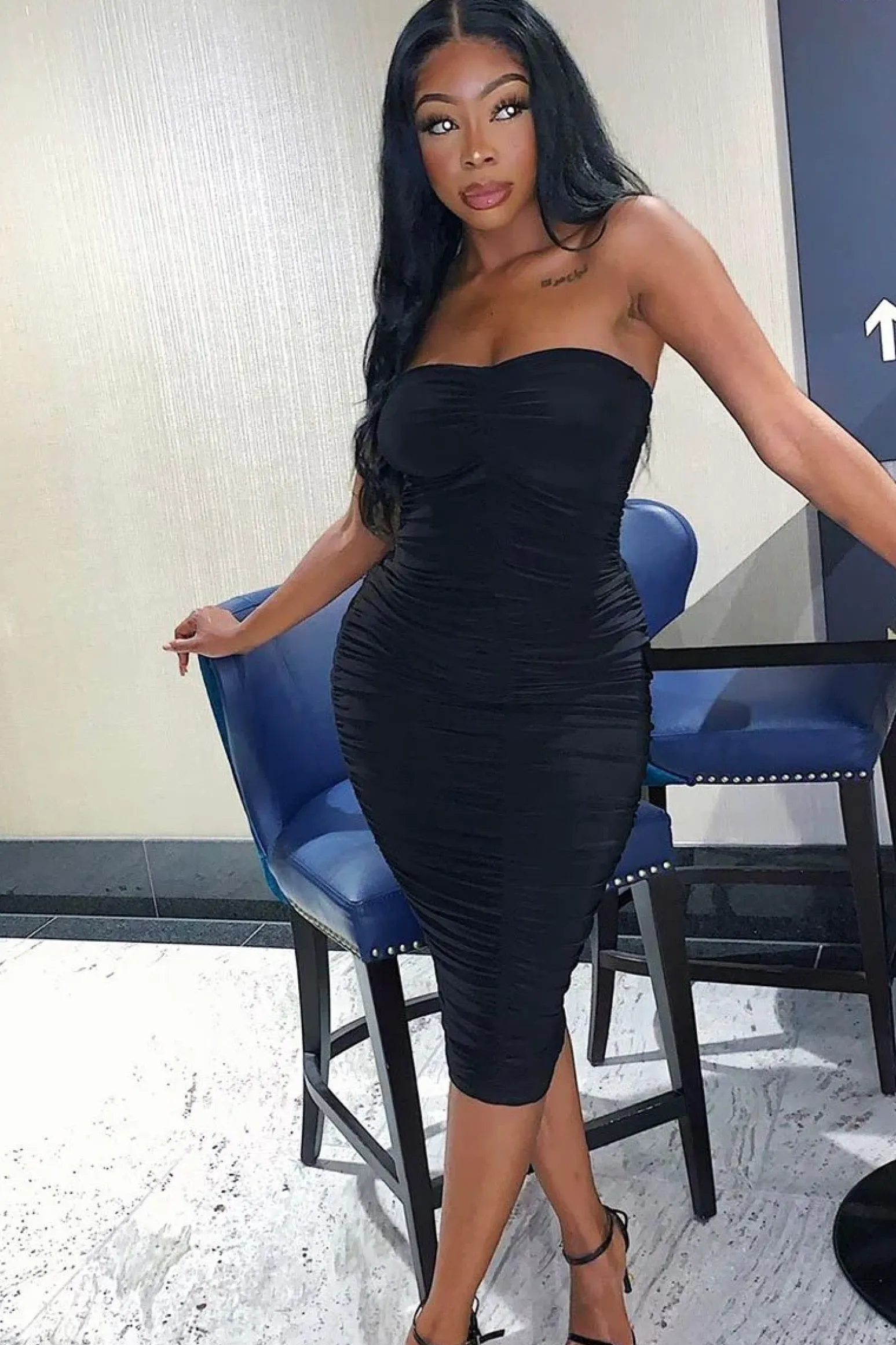 Rebellious Fashion Black Extreme Ruched Slinky Midi Dress - Kaja