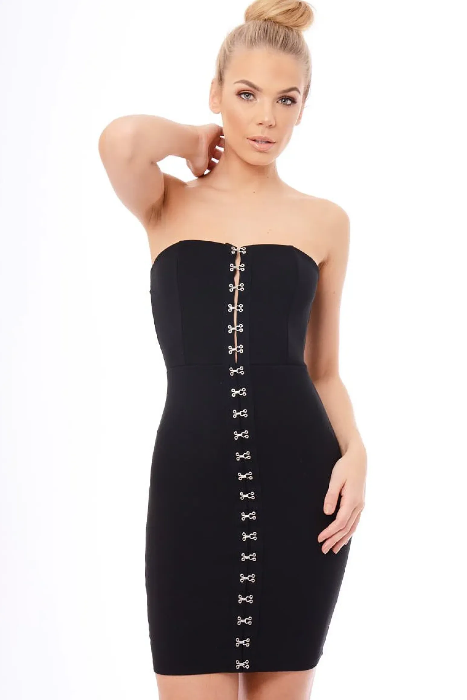Rebellious Fashion Black Eyelet Front Bandeau Mini Dress - Kayla