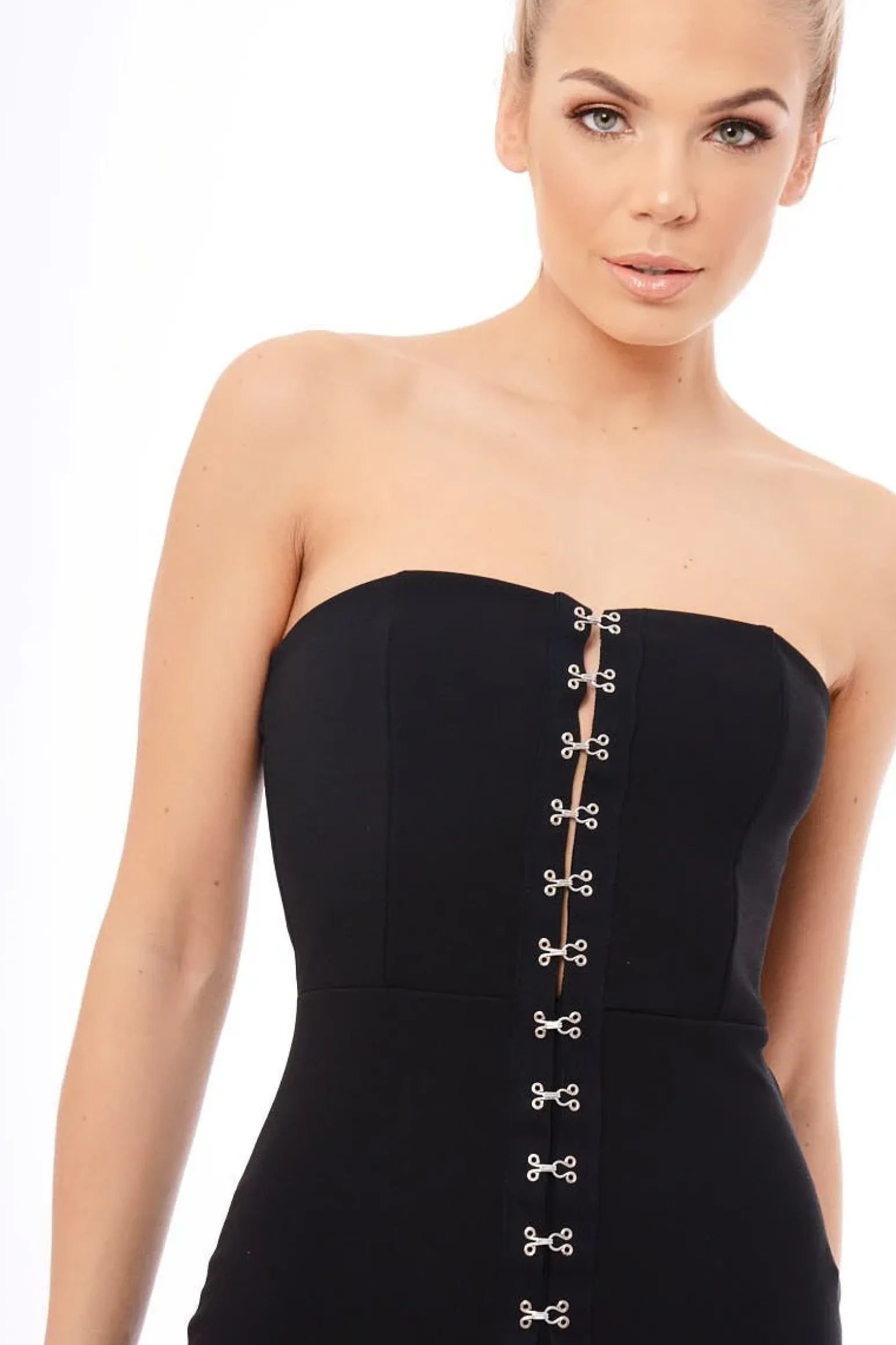 Rebellious Fashion Black Eyelet Front Bandeau Mini Dress - Kayla