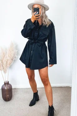 Rebellious Fashion Black Faux Leather Belted Shirt Mini Dress - Alese