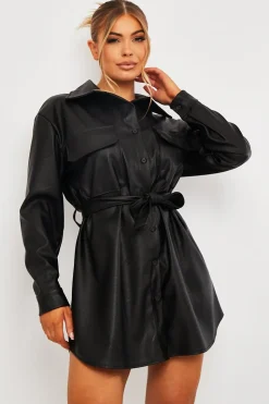 Rebellious Fashion Black Faux Leather Belted Shirt Mini Dress - Alese