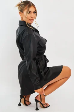 Rebellious Fashion Black Faux Leather Belted Shirt Mini Dress - Alese