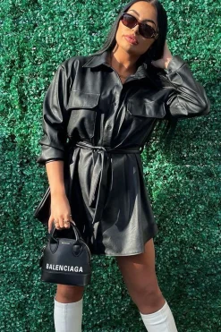 Rebellious Fashion Black Faux Leather Belted Shirt Mini Dress - Alese