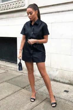 Rebellious Fashion Black Faux Leather Button Up Shirt Dress - Alba