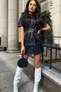 Rebellious Fashion Black Faux Leather Button Up Shirt Dress - Alba