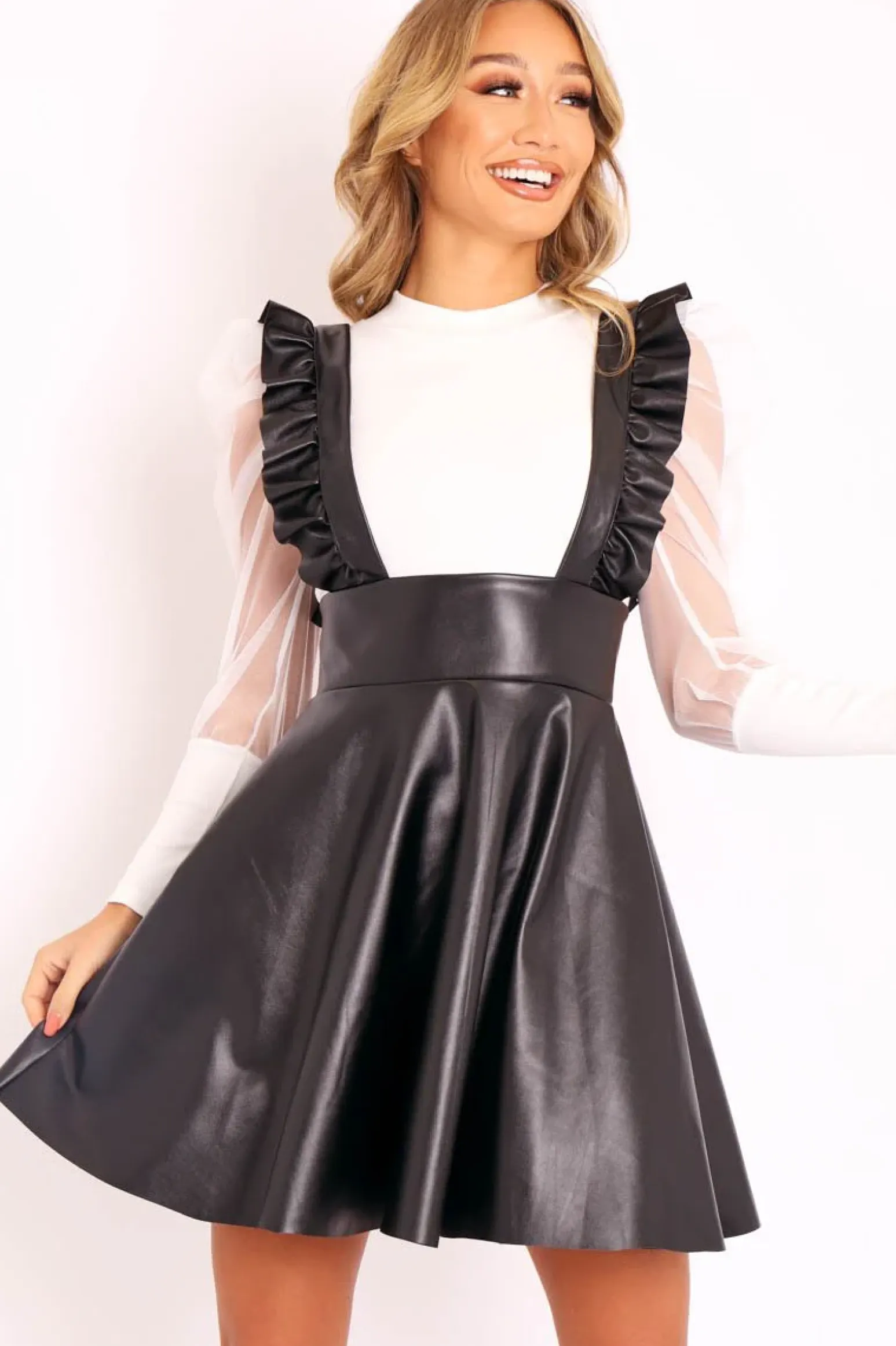 Rebellious Fashion Black Faux Leather Frill Pinafore Dress - Elanna