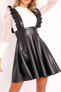 Rebellious Fashion Black Faux Leather Frill Pinafore Dress - Elanna