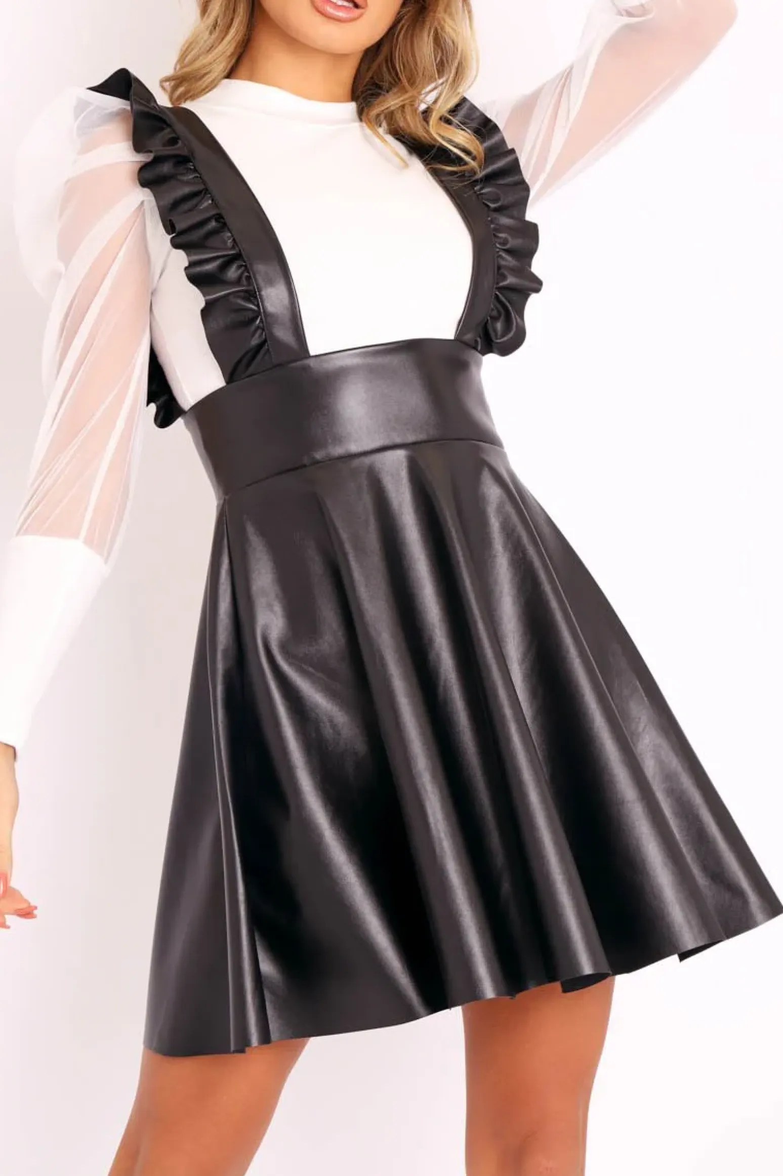Rebellious Fashion Black Faux Leather Frill Pinafore Dress - Elanna