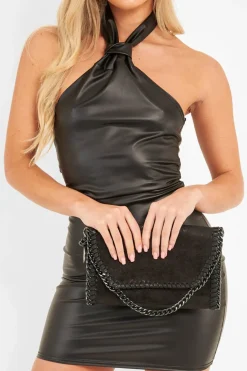 Rebellious Fashion Black Faux Leather Knot Halterneck Dress - Kylie