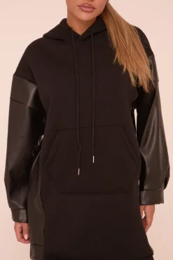 Rebellious Fashion Black Faux Leather Long Sleeves Hooded Jumper Dress - Kary