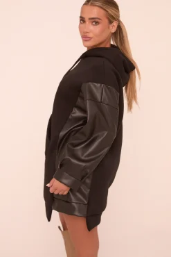 Rebellious Fashion Black Faux Leather Long Sleeves Hooded Jumper Dress - Kary