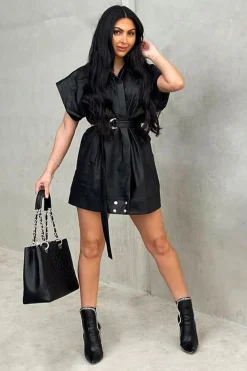 Rebellious Fashion Black Faux Leather Plunge Belted Dress - Jaice