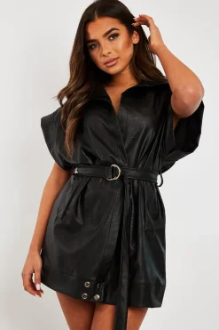 Rebellious Fashion Black Faux Leather Plunge Belted Dress - Jaice