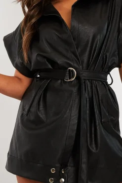 Rebellious Fashion Black Faux Leather Plunge Belted Dress - Jaice