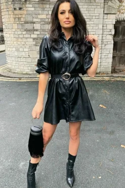 Rebellious Fashion Black Faux Leather Puff Sleeve Shirt Dress - Fizza