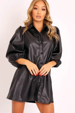 Rebellious Fashion Black Faux Leather Puff Sleeve Shirt Dress - Fizza