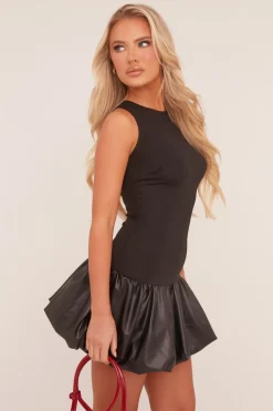 Rebellious Fashion Black Faux Leather Puffball Hem Mini Dress - Myla