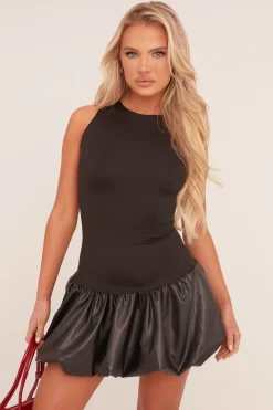 Rebellious Fashion Black Faux Leather Puffball Hem Mini Dress - Myla