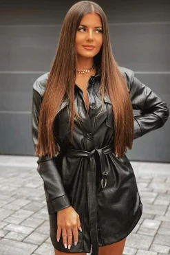 Rebellious Fashion Black Faux Leather Utility Shirt Dress - Hailey