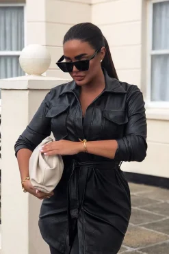 Rebellious Fashion Black Faux Leather Utility Shirt Dress - Hailey