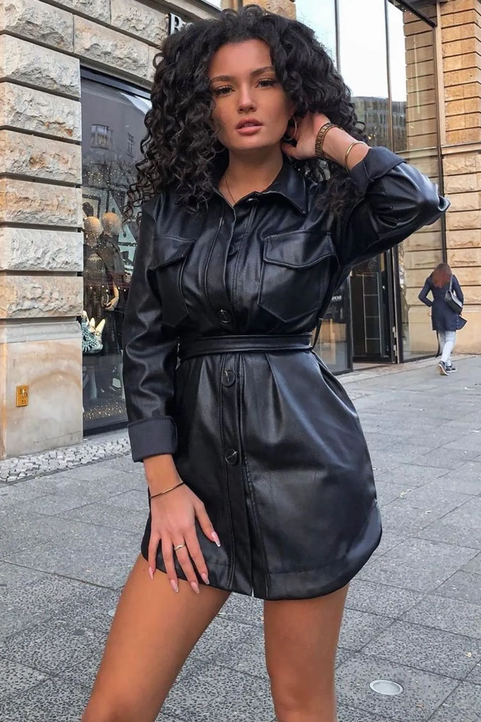 Rebellious Fashion Black Faux Leather Utility Shirt Dress - Hailey