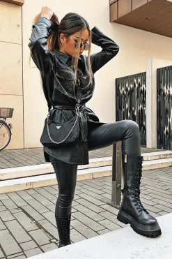 Rebellious Fashion Black Faux Leather Utility Shirt Dress - Hailey