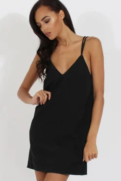 Rebellious Fashion Black Faux Suede Strappy Back Slip Dress - Sylvie