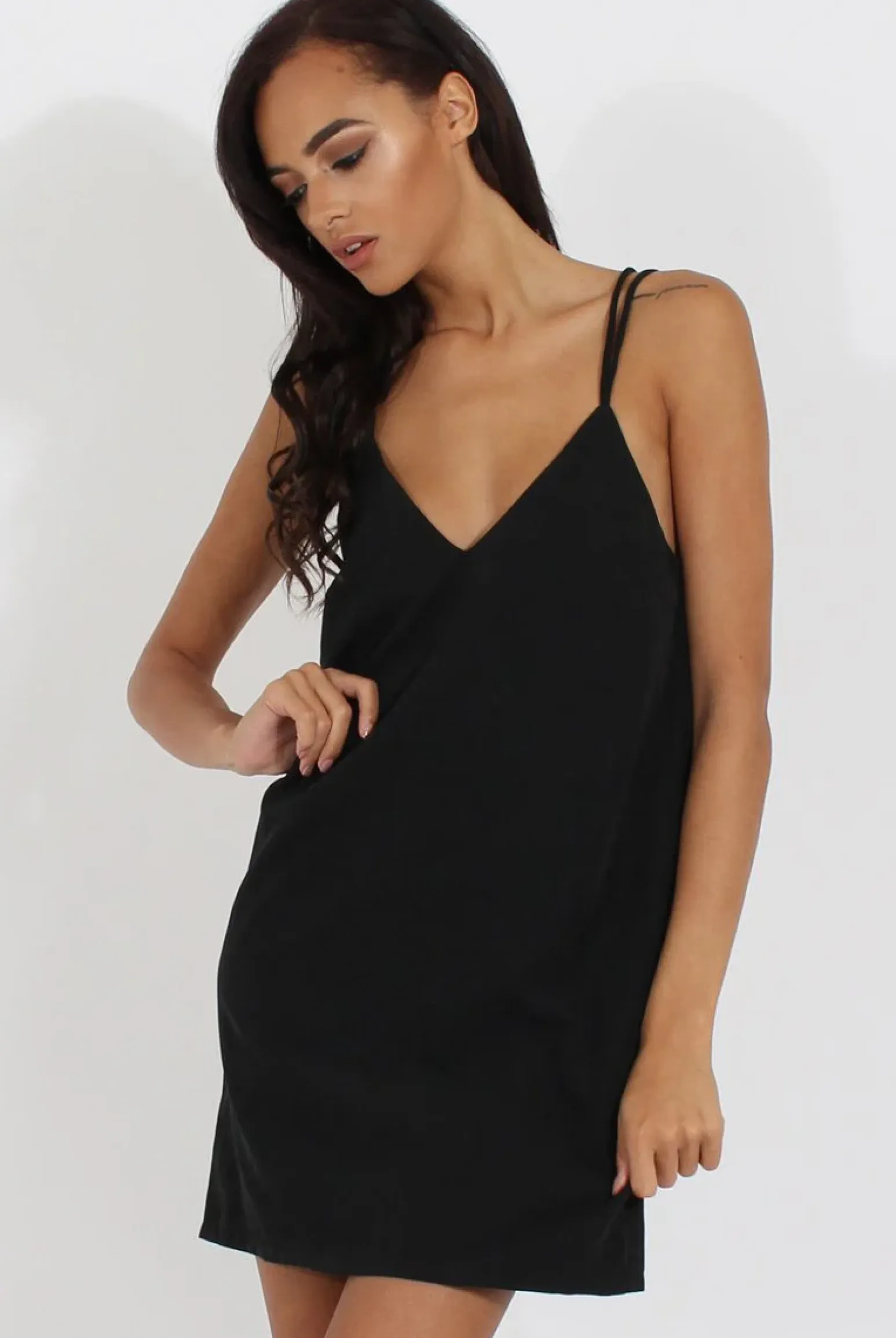 Rebellious Fashion Black Faux Suede Strappy Back Slip Dress - Sylvie