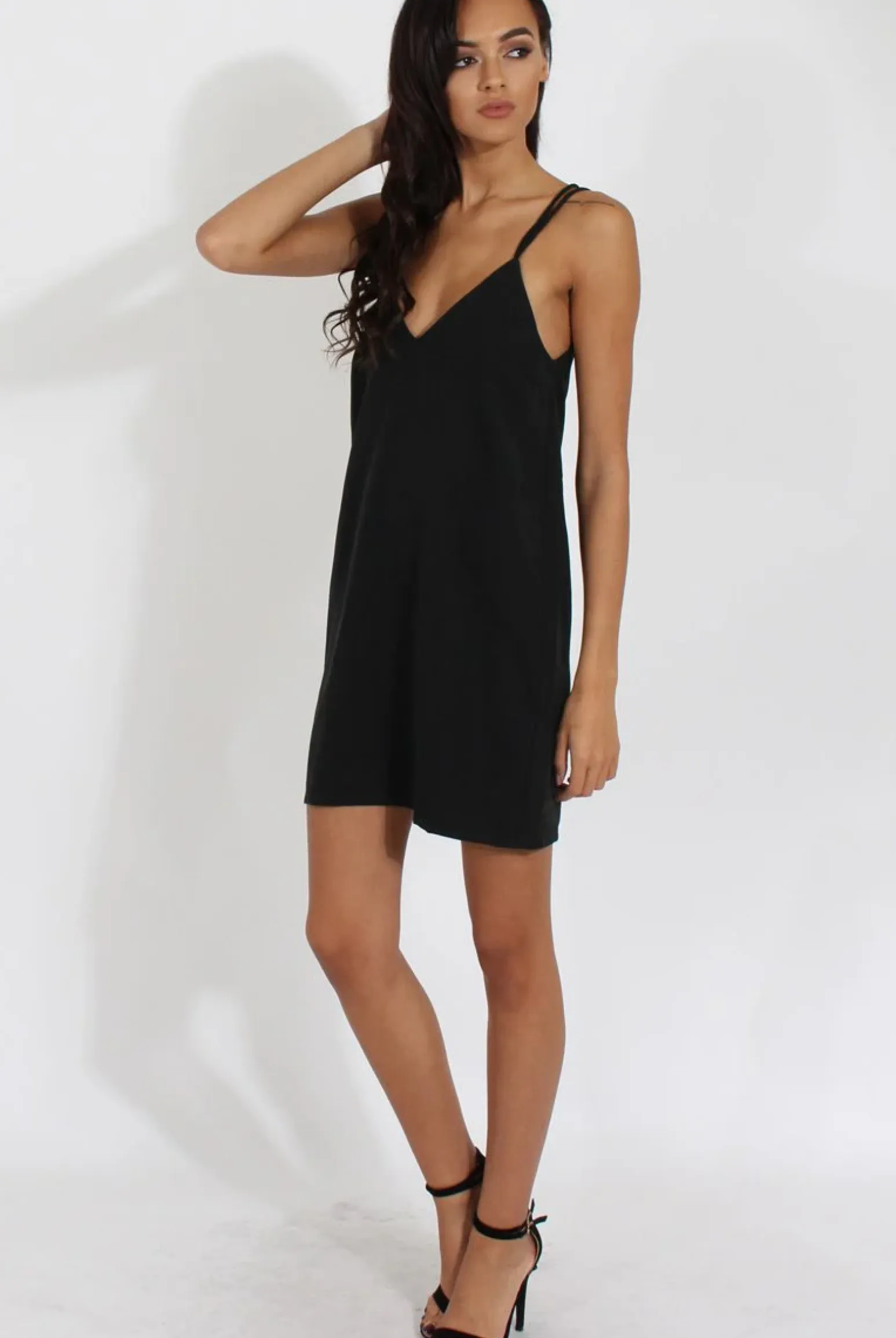Rebellious Fashion Black Faux Suede Strappy Back Slip Dress - Sylvie