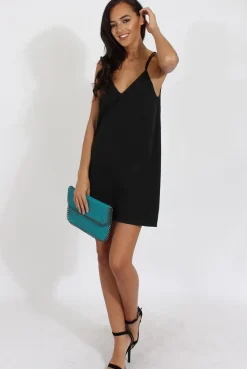 Rebellious Fashion Black Faux Suede Strappy Back Slip Dress - Sylvie