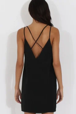 Rebellious Fashion Black Faux Suede Strappy Back Slip Dress - Sylvie