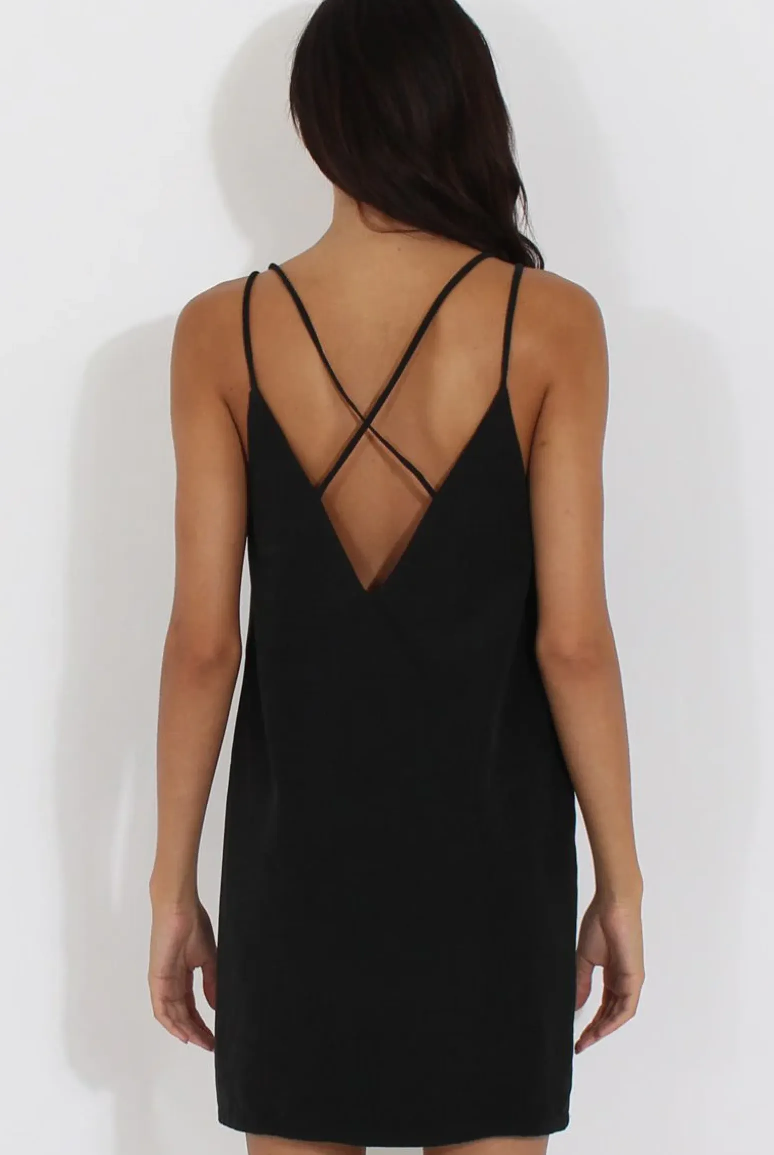 Rebellious Fashion Black Faux Suede Strappy Back Slip Dress - Sylvie