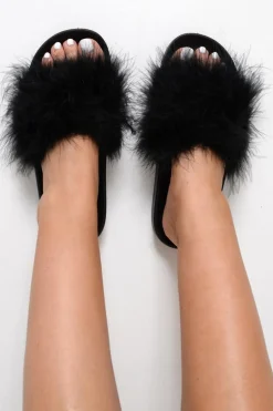 Rebellious Fashion Black Feather Sliders - Andressa