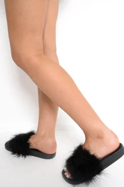 Rebellious Fashion Black Feather Sliders - Andressa