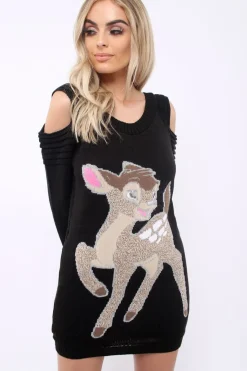 Rebellious Fashion Black Festive Deer Cold Shouldered Jumper Dress - Catarina