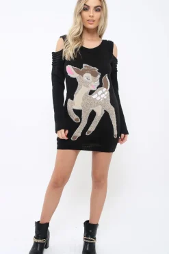 Rebellious Fashion Black Festive Deer Cold Shouldered Jumper Dress - Catarina