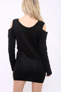 Rebellious Fashion Black Festive Deer Cold Shouldered Jumper Dress - Catarina