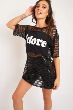 Rebellious Fashion Black Fishnet J'dore Slogan T-shirt Dress - Fraida