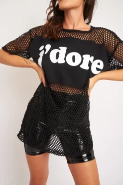 Rebellious Fashion Black Fishnet J'dore Slogan T-shirt Dress - Fraida