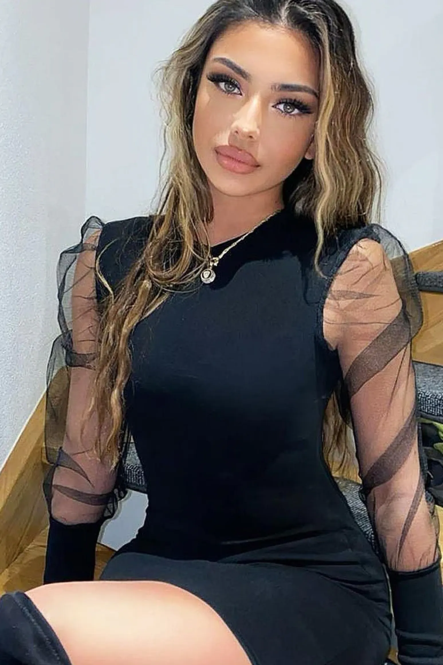 Rebellious Fashion Black Fishnet Puff Sleeve Mini Bodycon Dress - Franca