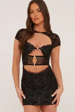 Rebellious Fashion Black Flock Print Mini Dress - Brianna