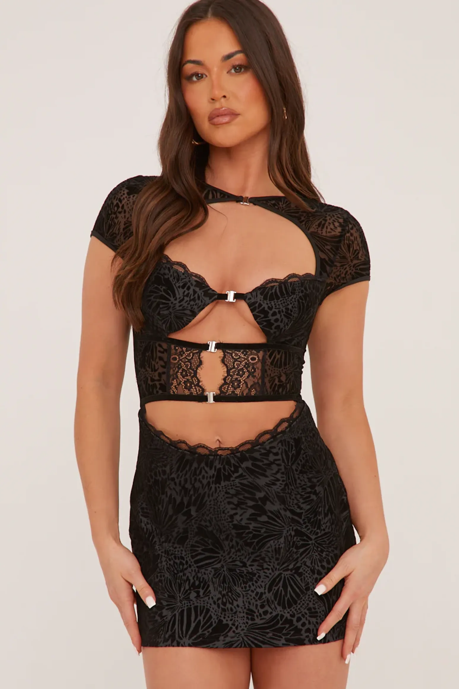 Rebellious Fashion Black Flock Print Mini Dress - Brianna