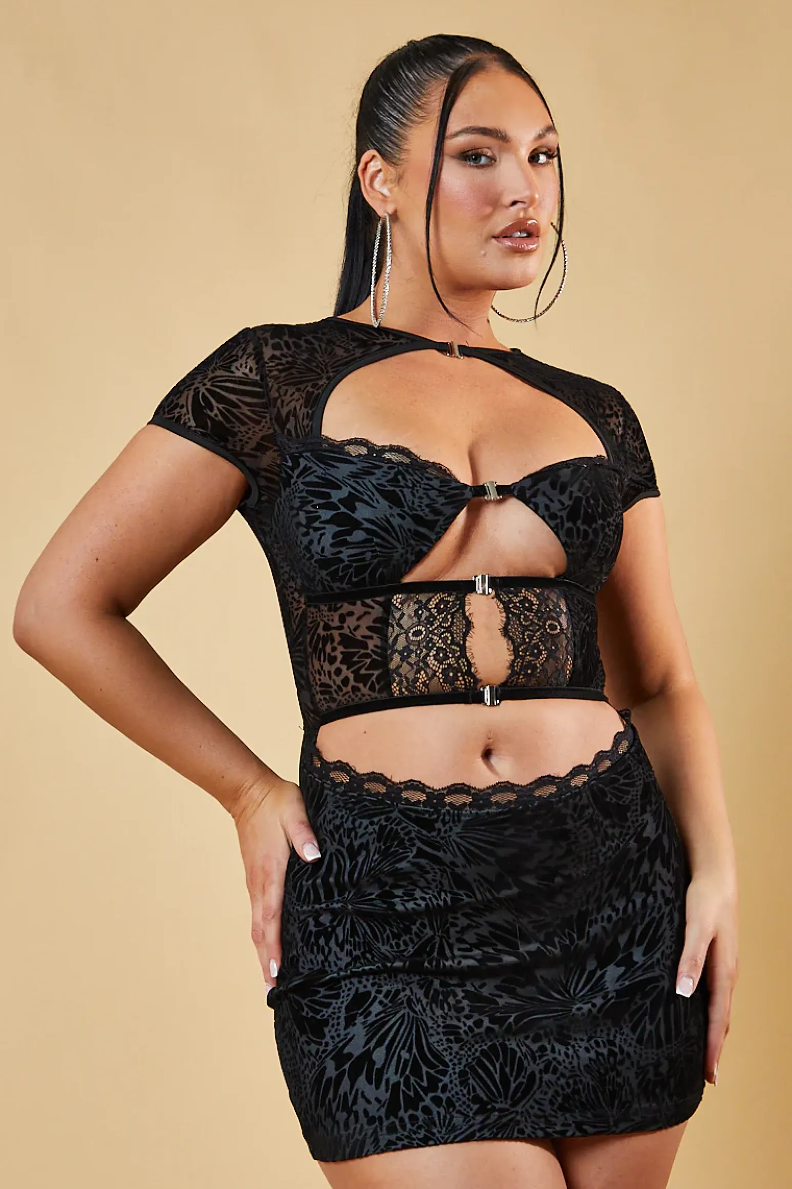 Rebellious Fashion Black Flock Print Mini Dress - Brianna